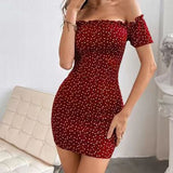 In Stock 2024 Europe and America Cross Border  Summer Dress Sheath Sexy off-the-Shoulder Fashion Lace Printed Short Sleeve