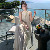 2025 New Chinese style sleeveless neck dress, high-end summer seaside photo, beautiful super fairy vacation long skirt