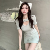 Fake Two Pieces Dress Hollow out Pure Sexy Hot Girl Tight Sheath Short Dress Women's Summer New New Skirt