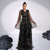 2025 new temperament V-neck long-sleeved long sequined banquet pendulum evening dress bridesmaid dress women