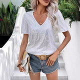 NAMCOVERSE Women's Top European and American   Summer Cross-Border New Arrival Sexy V-neck Pure Color Sequins Short Sleeve T-shirt