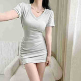 Pure Hot Girl V-neck Short Sleeve Dress Women's Summer Tight Elastic Pleated Hip Skirt Hollow-out Midriff Short Skirt