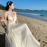 2025 Super fairy pleated cross halter Greek Muse dress long dress high sense beautiful seaside vacation suspender dress