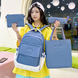 Schoolbag Junior High School Student  New Contrast Color Primary School Student Large Capacity Backpack College Style Four-Piece Backpack Wholesale