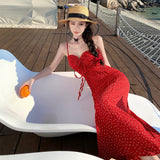 2025 Summer new pure desire red strap halter suspender floral dress women's waist thin seaside vacation dress