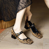 2025 Leopard print high heels women's thick heel spring 2025 new retro lady with skirt Mary Jane single shoes women's middle heel