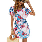 European and American Spring and Summer New Lady Sexy Short Sleeve Dress V-neck Casual Loose Beach Dress 2024