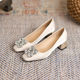 2025 5288-8 Small Korean version square head satin thick heel single shoes women 2025 women's autumn new rhinestone high heels women