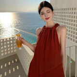 2025 New Chinese retro red shoulder digging holiday dress summer dopamine neck strap holiday beach dress
