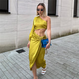 European and American Style Za Women's Clothing 2024 Summer New Silk Satin Texture Midriff Outfit One Shoulder Sexy Light Luxury Dress High Sense