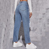 Ripped Jeans for Women 2024 New European and American Fashion Water Washed Hole High Waist Straight-Leg Pants