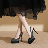 2025 136-8 Black satin high heels women's thin heels Baotou empty sandals women's super high heels waterproof table work shoes
