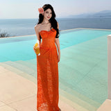 2025 Thailand Sanya seaside vacation orange hollow lace hip wrap pleated tube top pure desire sexy dress beach dress