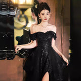 One-word shoulder black dress women's 2025 new spring high-end annual meeting host art test banquet light luxury evening dress