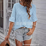 NAMCOVERSE Temu  Cross-Border European and American Foreign Trade Ladies Hollowed Leisure Short Sleeve Crew Neck T-shirt Top