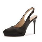 2025 136-8 Black satin high heels women's thin heels Baotou empty sandals women's super high heels waterproof table work shoes