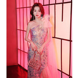 Shoulder sequined evening dress skirt women haute couture design sense style light luxury niche host banquet temperament party flash spring