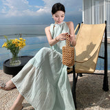 2025 Sweet bow strap neck dress women's summer new seaside vacation wind loose knee thin dress