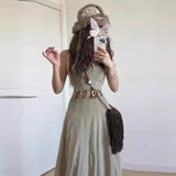 2025 popular summer V-neck niche high-end waist hollow large skirt dress women's floor-mopping dress