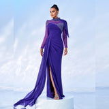 2025 long-sleeved crew neck sexy long hot diamond mesh banquet fishtail evening dress bridesmaid dress women