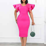 2025 Hot trade large size women's clothing popular new round neck lotus leaf sleeve slit nail bead hip wrap OL dress dress 2025 dress