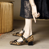 2025 Leopard print high heels women's thick heel spring 2025 new retro lady with skirt Mary Jane single shoes women's middle heel