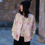 Spring new new Chinese pink printed top, national style disc buckle fleece cardigan, women's coat A1135