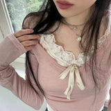 NAMCOVERSE Sweet Girl Lace Stitching Fake Two-Piece T-shirts Women's  Autumn  Cross Border  Ins New Top