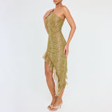 2025 New  summer hot-selling new sexy temperament fashion diagonal neck mesh splicing hip dress