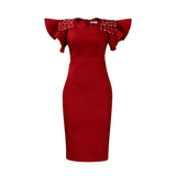 2025 Hot trade large size women's clothing popular new round neck lotus leaf sleeve slit nail bead hip wrap OL dress dress 2025 dress