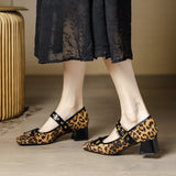 2025 Leopard print high heels women's thick heel spring 2025 new retro lady with skirt Mary Jane single shoes women's middle heel