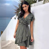 NAMCOVERSE Summer European and American Women's Clothing New  V-neck Tight Waist Suspender Dress Ruffled Solid Color Dress Women