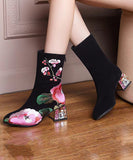 namcoverse Retro Black Suede Chunky Boho Embroidery Boots CZ1022