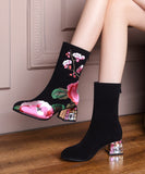 namcoverse Retro Black Suede Chunky Boho Embroidery Boots CZ1022