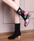 namcoverse Retro Black Suede Chunky Boho Embroidery Boots CZ1022