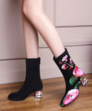 namcoverse Retro Black Suede Chunky Boho Embroidery Boots CZ1022