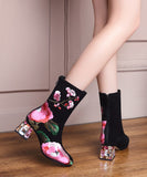 namcoverse Retro Black Suede Chunky Boho Embroidery Boots CZ1022