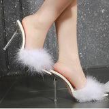 namcoverse    Transparent High Heels Sandals   Feather Woman Slippers Fur Stiletto Pointed Mules Evening Party Women Shoes Rose 41