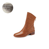 namcoverse  New Fall/Winter Women Boots Genuine Leather Square Toe Thick Heel Zipper Ankle Boots Solid Color Retro Woman Shoes Brown