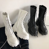 namcoverse Women's Martens Boots PU Leather White Ankle Boots Autumn Winter Motorcycle Boots Fashion Female Chunky Heel Platform Boots