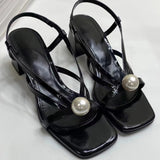 namcoverse Summer New Women's Shoes Pearl Square Toe Open Toe Thick Heels Retro Simple Style Thin Strap Combination Ladies Sandals