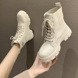 namcoverse New Women White Ankle Boot PU Leather Thick Sole Lace Up Combat Booties Female Autumn Winter Platform Shoes Rubber Cowboy Boots