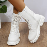 namcoverse Women's Martens Boots PU Leather White Ankle Boots Autumn Winter Motorcycle Boots Fashion Female Chunky Heel Platform Boots