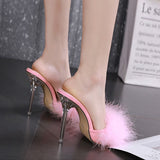 namcoverse    Transparent High Heels Sandals   Feather Woman Slippers Fur Stiletto Pointed Mules Evening Party Women Shoes Rose 41