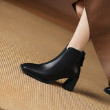 namcoverse  Autumn Winter Square Toe Boots Women Chunky Heel Genuine Leather Shoes For Women Short Boots Solid Color Zipper Ankle Boots