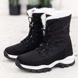 namcoverse Women Boots Warm Winter Mid-Calf Waterproof Ladies Booties Black Plus Size PU Leather Boots Women Botas Mujer Platform Heels