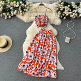 namcoverse Women Dress Set New Summer Vacation Fashion Floral Print Straps Crop Tops + Long Skirts Outfits Beach 2Pcs Suits