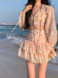 namcoverse Spring Summer Sweet Two Piece Set Sexy Backless Shirt Crop Top + Cake Skirt Suits Floral Chiffon Boho Beach Outfits  Fairy Dress  For Women