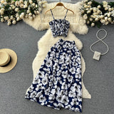 namcoverse Women Dress Set New Summer Vacation Fashion Floral Print Straps Crop Tops + Long Skirts Outfits Beach 2Pcs Suits