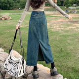 namcoverse Split Denim Skirt for Women  Spring Summer New Y2K High Waist Long Skirt Female Vintage Blue A-Line Jean Skirts